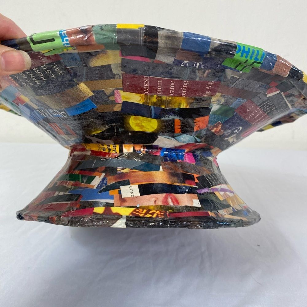 Recycled Multicolor Paper Pedestal Bowl - Eco Accent Retro Paper Machete - Picture 7 of 10